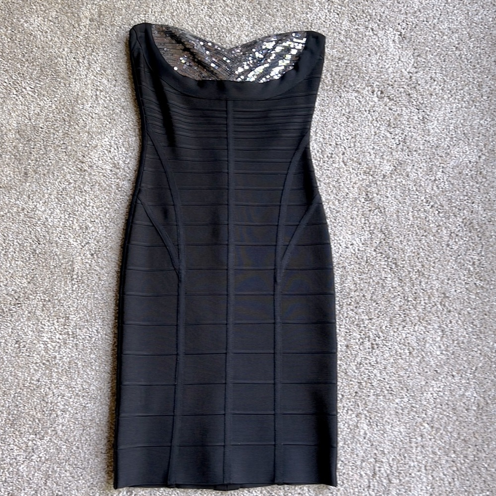 Herve Leger “Bess” Black & Silver Sequin Strapless Dress Size S EUC